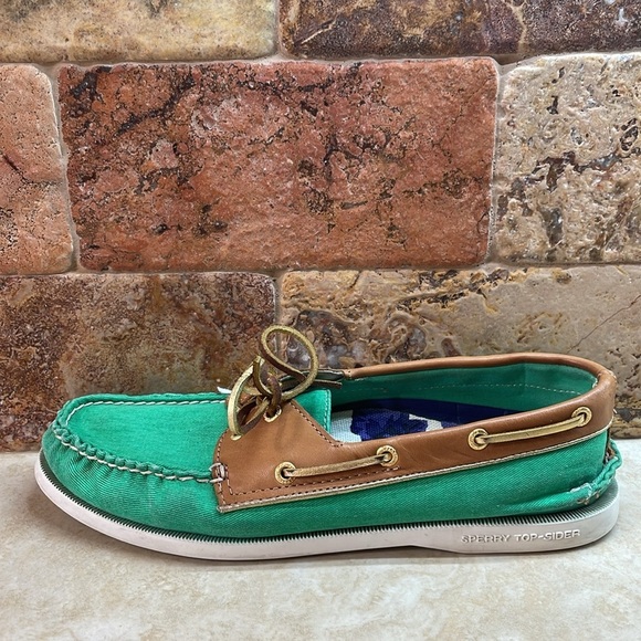 Milly for Sperry Top-Sider Green Canvas & Tan Leather Boat Shoes Sz 9 Slip-On - Picture 11 of 15